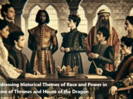 An AI-generated image of a diverse group of characters from Game of Thrones and House of the Dragon sitting at a table, discussing important matters. The image is a banner for a blog post about the historical themes of race and power in the show